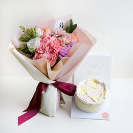 핑크 수국다발 & 미니 레어치즈팔레트 케이크